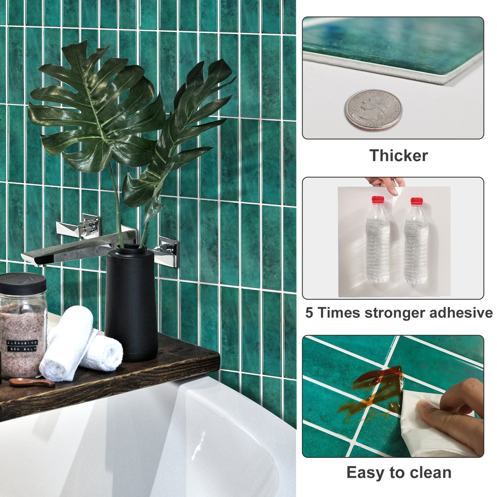 Peel and Stick Green Finger Mosaic Tile Vinyl Backsplash  12 x 12inch (10 tiles/set)