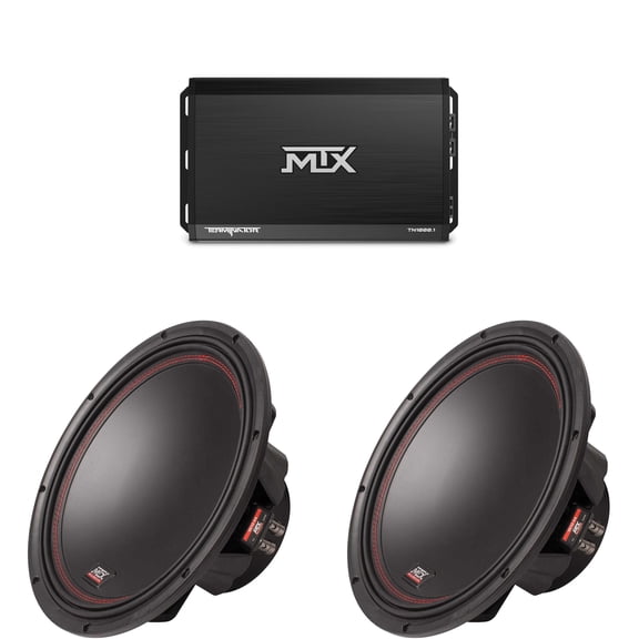 MTX TERMINATOR 1000-Watt RMS 1Ω Mono Block Class D Amplifier and Two MTX Audio 5512-44 55-Series 12" 400W RMS Dual 4-Ohm Subwoofer