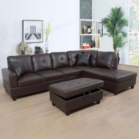 Pon Living Furniture Inc Faux Leather Storage Sectional Sofa, Brown