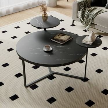 31.5" Black Modern Coffee Table with Faux Marble Surfaces & Two Display Shelves