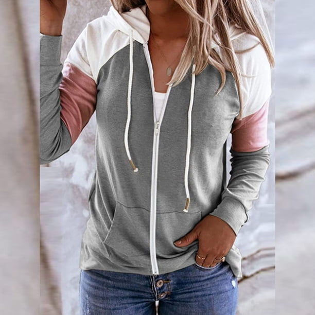 Mujeres Sexy Bolsillo Color Bloque Cremallera Gota Manga larga Cuello en V Jaket Shaket Casual Abrigo con capucha Tops Outwears Fridja po557