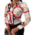 thumbnail image 2 of Seyurigaoka Women Fashion Wild Shirts Chain/Floral/Letter/Geometric Square Print Turn-Down Collar Long Sleeve Blouses Streetwear, 2 of 5