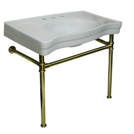Kingston Brass VPB1362ST Imperial 36" Ceramic Console Sink with Stainless Steel Legs (8-Inch, 3-Hole), White/Polished Brass