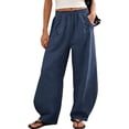 thumbnail image 2 of Women's Wide Leg Linen Balloon Pants Drawstring Elastic Waist Pants with Pleated Pockets Casual Flowy Summer Work Pants Navy, 2 of 9
