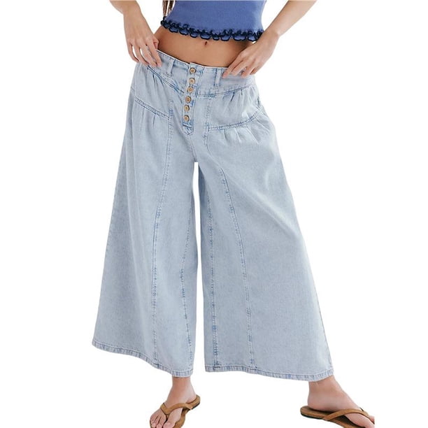 Pantalones Vaqueros Anchos para Mujer, Holgados, con Cintura Elástica, Botones, Estilo Boyfriend, Informales, Sueltos, con Bolsillos. Azul S