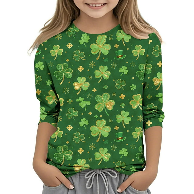 Tauxra Chandail de la Saint-Patrick pour Adultes, T-Shirt à Manches 3/4 Imprimé Col Rond, T-Shirt Graphique Trèfle Décontracté à Manches Longues pour Activités Festives