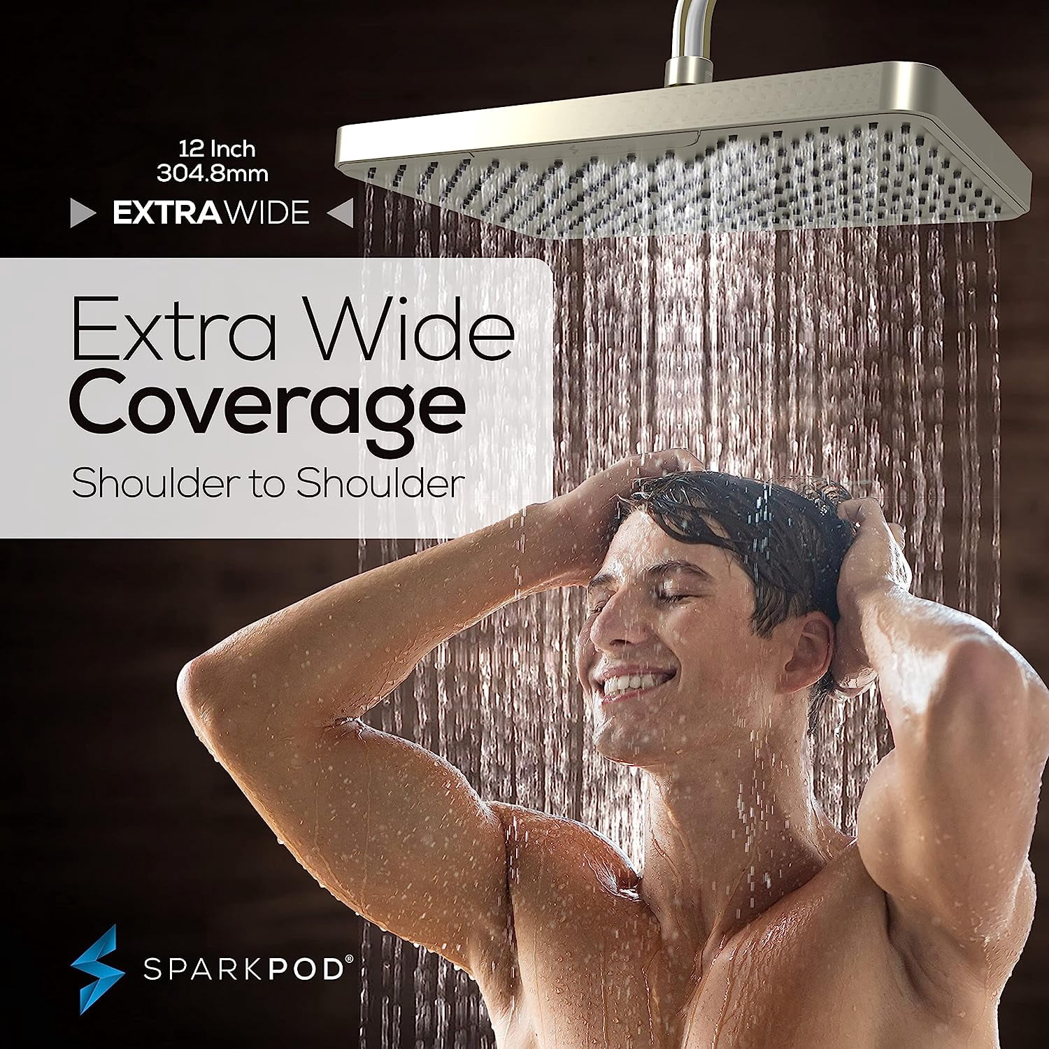 SparkPod 12" Rainfall Shower Head - Wall/Ceiling Mount - High Pressure, Anti-Clog, Easy Install (Bursehd Nickel)