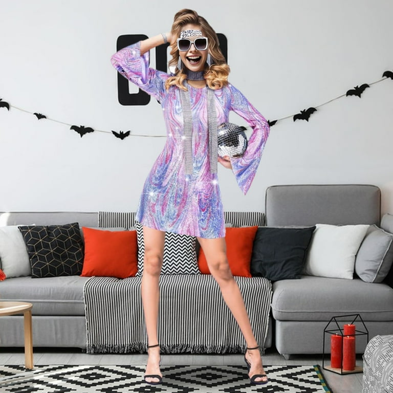 Women Dress Retro Sequin Bell Sleeves Plus Size Loose Fit Printed Halloween  Cosplay Hippie Disco Dance Performance Party Bronzing Evening Dress -  Walmart.com