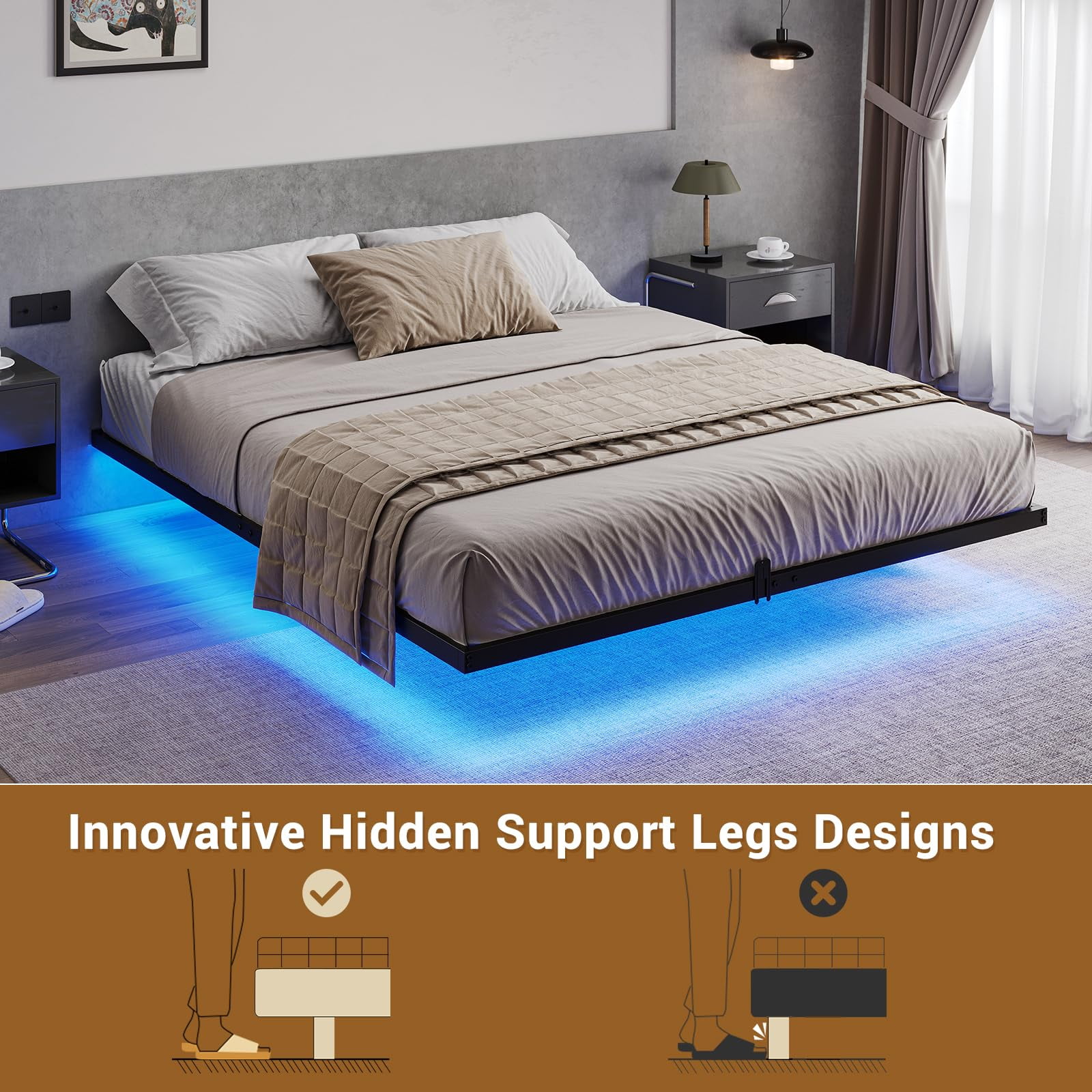 Floating Bed Frame King Size with LED Lights, Metal Platform King Bed, No Box Spring Needed, Easy to Assemble