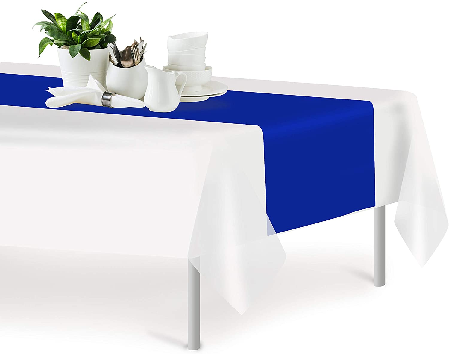 Blue 12 Pack Premium Disposable Plastic Table Runner 14 x 108 Inch. Decorative Table Runner for Dinner Parties & Events, Decor By Grandipity
