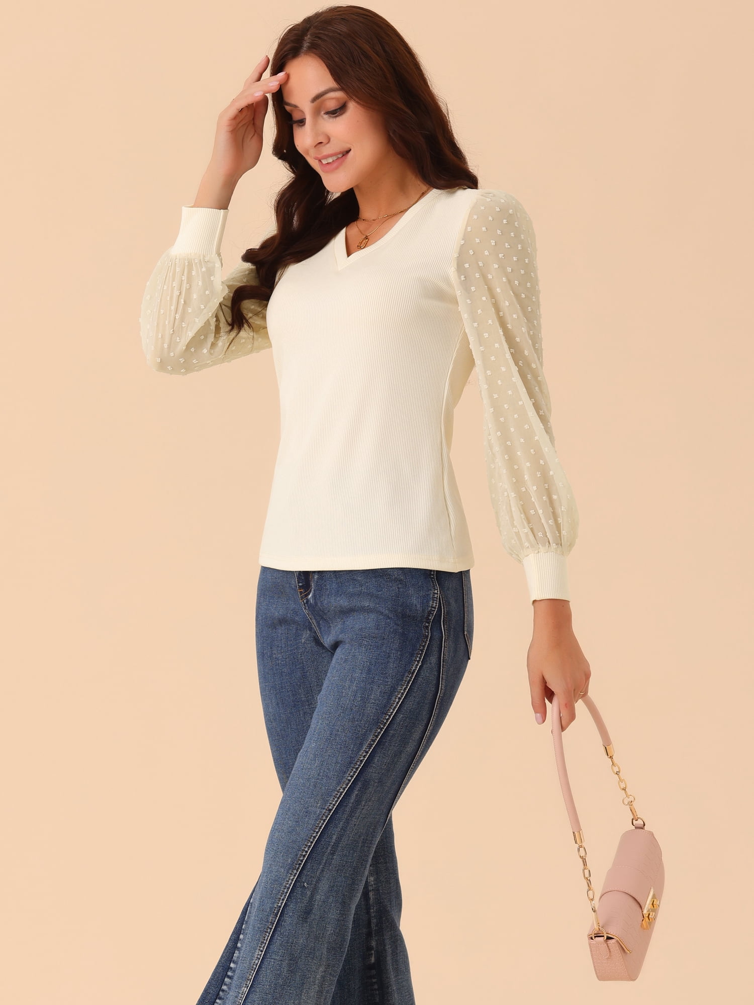 DARING DIVA Women's Long Sleeve V Neck Swiss Dot Mesh Sleeve Blouses M Beige