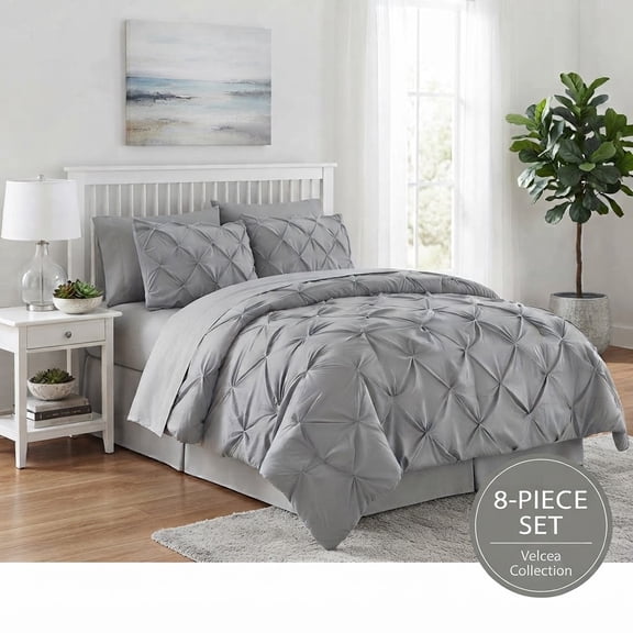 Velcea 8 Piece Pintuck Comforter Set, Bed in a Bag with Sheets, Down Alternative All Season Bedding, Full/Queen, Gray