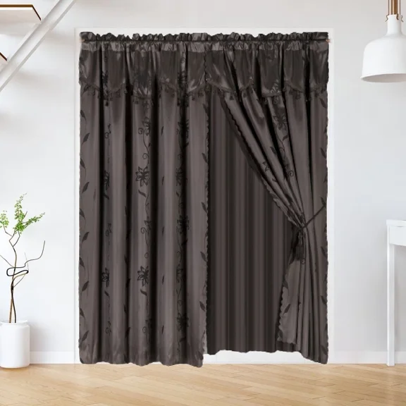 Brown Complete Lxury Window Curtain Set 2 Panels 60 " Wide X 84" Length each Rod Pocket Floral Design for Large Window Any Room Nada