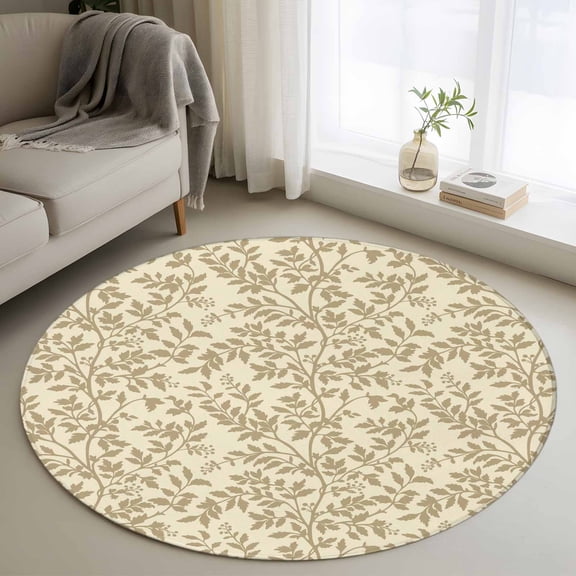 Round Area Rug 3 Ft, Beige Spring Floral Washable Non-Slip Circle Carpet for Living Room/Bedroom, Farmhouse Flowers Elegant Pastoral Low-Profile Small Floor Mats Collection Rugs for Indoor