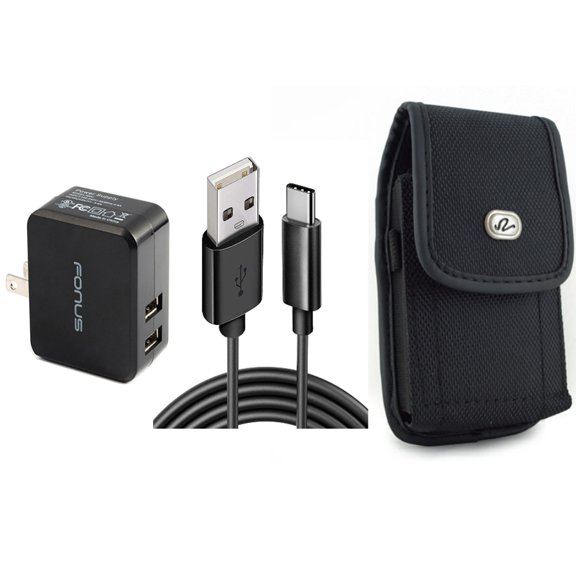 Home Charger & Case Belt Clip for iPhone 15 Pro Max - 17W 2-Port USB 3.4A Type-C Cable and Rugged Holster Canvas Cover X5O for iPhone 15 Pro Max (6.7")