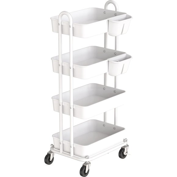 Simple Houseware Chariot Utilitaire Roulant à 4 Niveaux avec Seaux Suspendus, Blanc