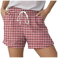 thumbnail image 4 of felwors Women's Gingham Print Rolled Cuff Drawstring Shorts Elastic Waist Lightweight Summer Casual Shorts with Pockets (Red, L), 4 of 5
