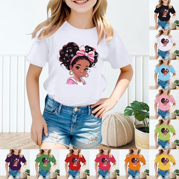 QIUYAN Girls Cute Graphic T-Shirt,Back to School Summer Top,Short Sleeve Round Neck Soft Breathable Tee for Kids Daily Wear,T-Shirt