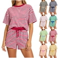 thumbnail image 7 of 2 Piece Striped Shorts Set Women Casual Summer Outfits Crew Neck Short Sleeve Top Drawstring Waist Sweatsuits (S, Green), 7 of 7