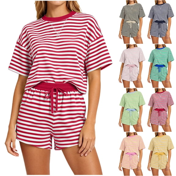 Ailaofu Womens Striped Two Piece Outfit Short Sleeve Crew Neck Top and Drawstring Waist Shorts Set Casual Loungewear Tracksuit