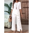 thumbnail image 4 of Women'S Asymmetric Hem Pants Set Elegant Fashion Casual Button Sleeve Shirt Loose Two Piece Outfit White S, 4 of 7