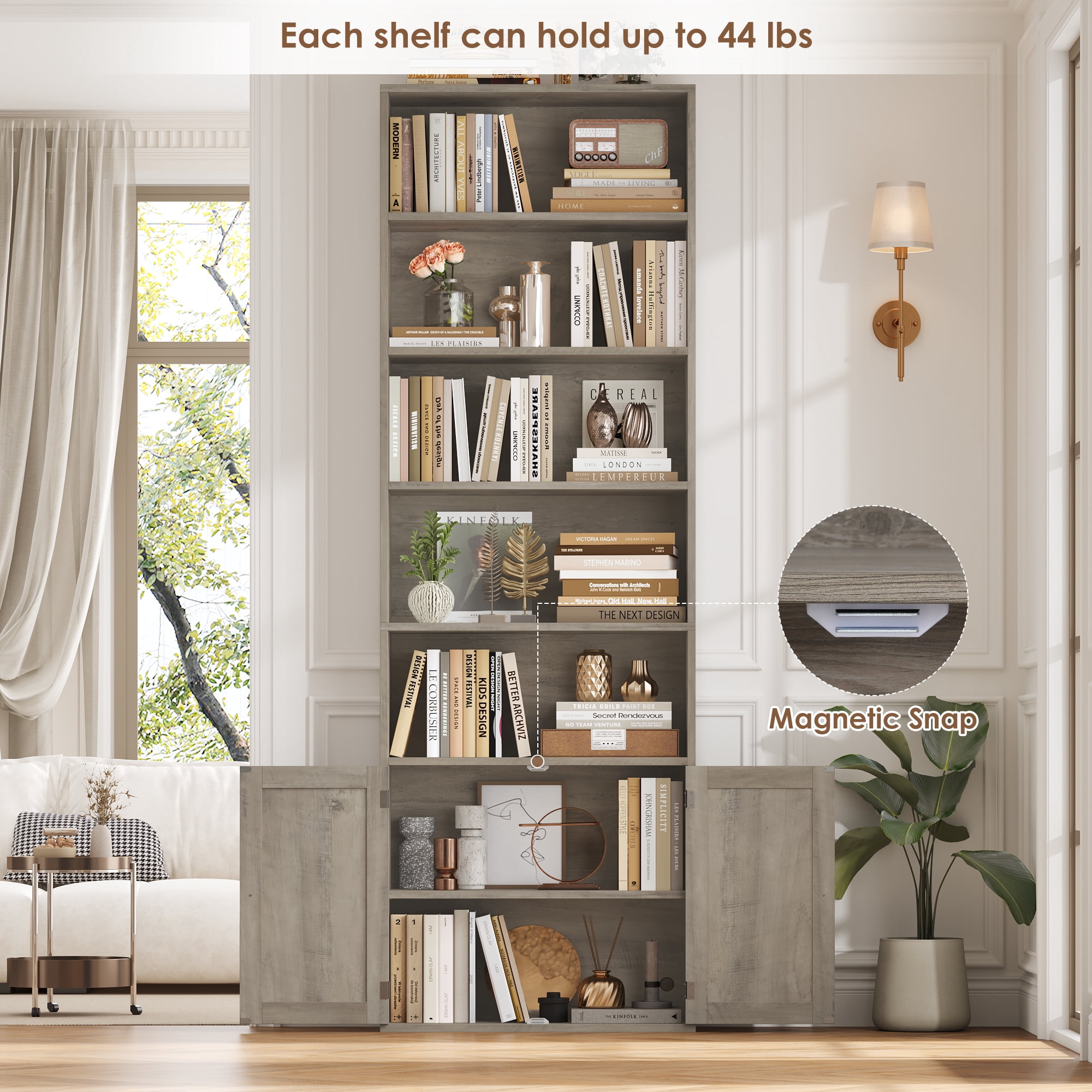 Hiphuta 81.5" Tall Bookcase with Doors, 5-Tier Bookshelves with Storage, 23.6"W Display Shelf with 2 Doors for Home Office, Living Room, Ash Grey