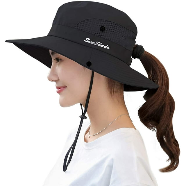 Chapeau d'Été en Maille à Grand Bord Protection Solaire UV pour Femmes avec Trou pour Queue de Cheval
