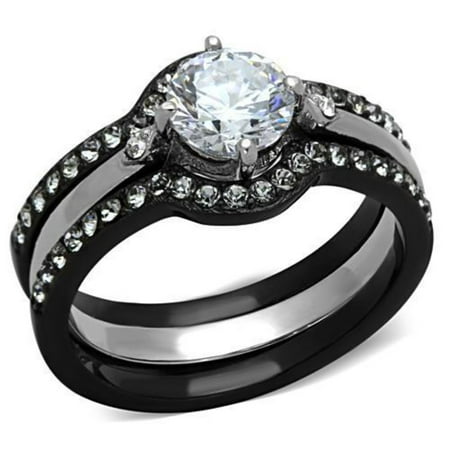 Luxe Jewelry Designs Set of 3 Women s Black IP Stainless Steel Wedding Ring with Round CZ Stones –