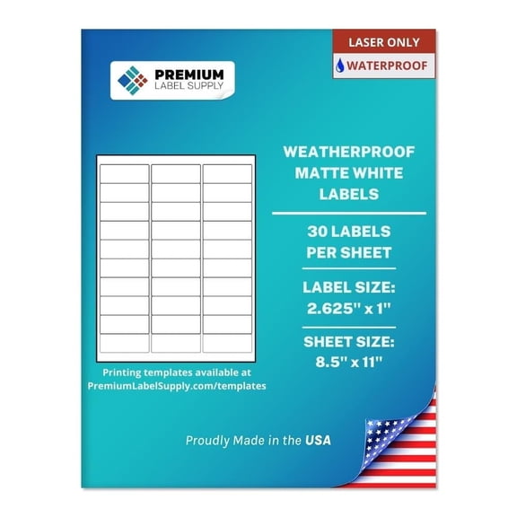 Premium Label Supply Waterproof White Address Sticker Labels – 2.625” x 1" – Laser Printers Only – (30 Labels/Sheet), 10 Sheets - 300 Total Adhesive Labels