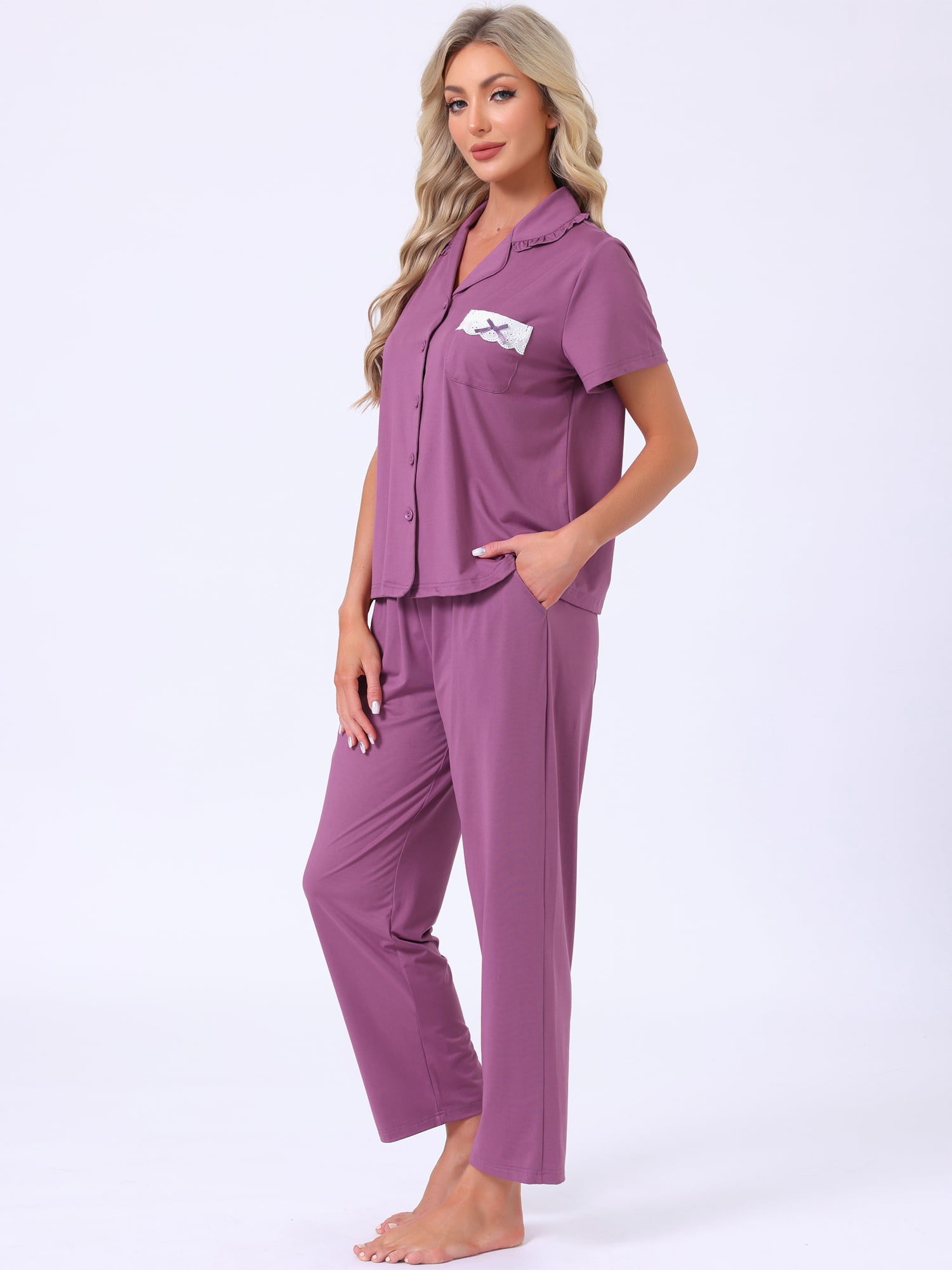 DARING DIVA Women's Pajama Sets Button Down Ruffle Collar Short Sleeve Shirt L Purple