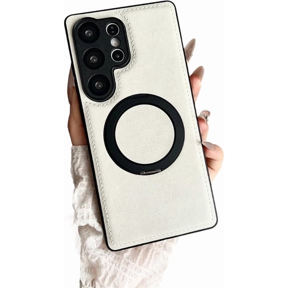 Leather Rotatable Ring Bracket Stand Holder Magnetic Case for Samsung, Compatible with MagSafe Wireless Charging (White,Samsung Galaxy S23 Plus)
