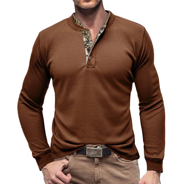 T Shirt Men Male Spring Solid Color Lapel Long Sleeve Button Neck Striped Oversized Athletic Shirts Mens Khaki XL