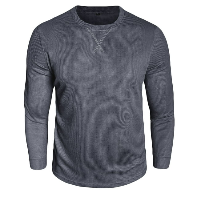 Lovzfmll Haut de Base en Tricot Gaufré Uni pour Hommes, Chandail à Manches Longues Col Rond Gris Foncé, m