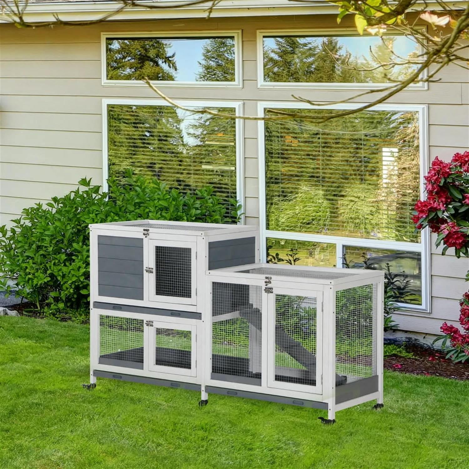 resenkos 57" 2-tier Wooden Rabbit Hutch with Wheels and Slide-out Tray, Outdoor Small Animal Habitat Chicken Coop Bunny Cage for Bunnies, Guinea Pigs, Gray