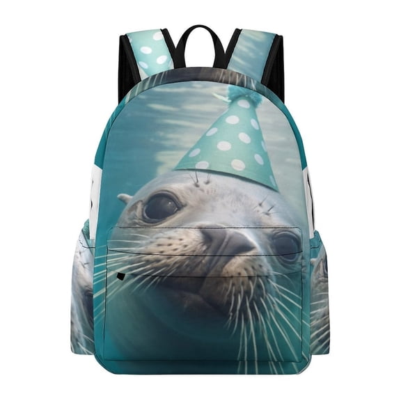 Patifu Sea Lion Wearing A Party Hat Underwater Printed Oxford Backpack, Large Capacity Laptop Backpack, Water Resistant, Travel Daypack for College Work Commuting Adults,