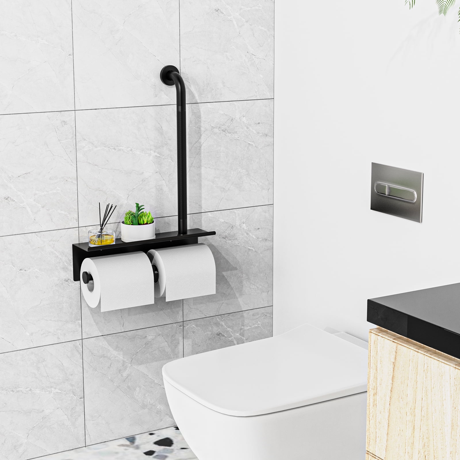 Bathroom Grab Bar with Shower Shelves, ZUEXT Black Toilet Paper Holder 3 in 1 Bathroom Organizers and Storage, Anti Slip Stainless Steel Safety Hand Rail for Handicap Elderly Senior Assist