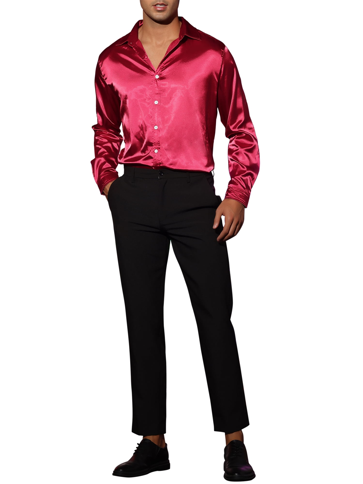 Unique Bargains Men's Satin V Neck Long Sleeves Button Down Prom Shirts XL Burgundy