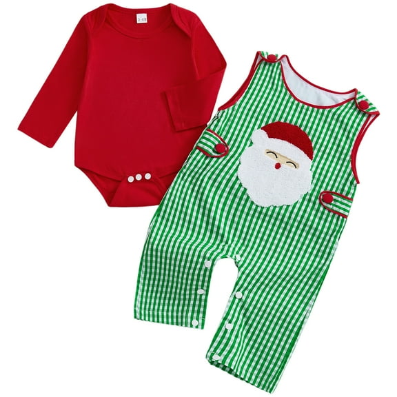 Ulanda Christmas Baby Boy Outfit Long Sleeve Romper Overall Pants Set Boy Christmas 2 Piece Clothes (Red, 3-6 Months)