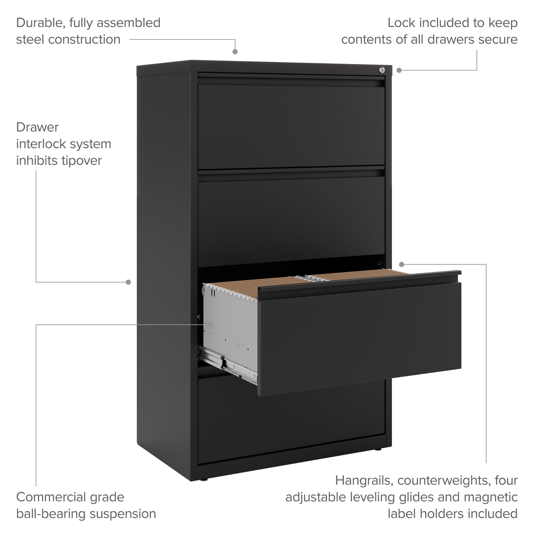 Hirsh 30 Inch Wide 4 Drawer Metal Lateral File Cabinet for Home and Office, Holds Letter, Legal and A4 Hanging Folders, Black