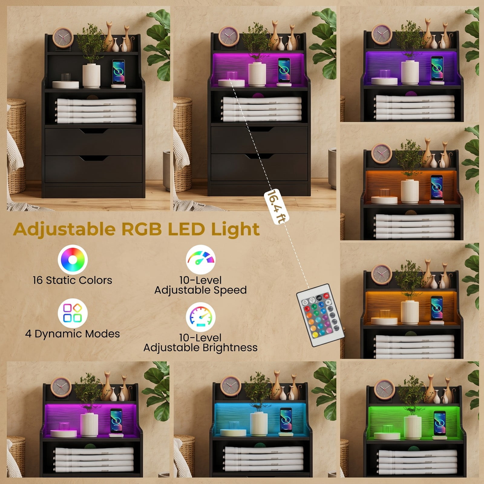 Furnibear Nightstand with RGB LED Light and Charging Station and 2 Drawers for Bedside Storage in the Bedroom and Living Room, Black