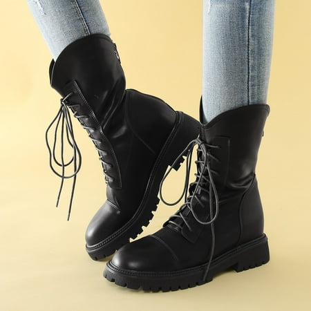 

Ankle Boots Women Ankle Boots Thick Sole Internal Increase Low Heel Lace Up Booties