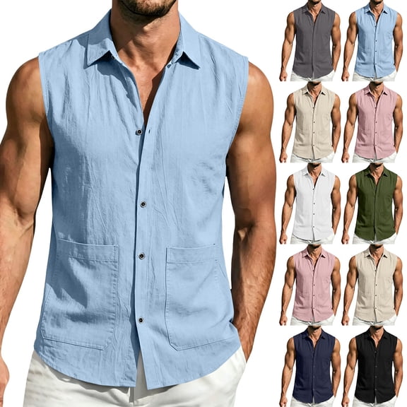 Men's Sleeveless Shirts Loose Fit Tank Top Button down Beach Top Solid Shirt Vest with Pocket Soft Lightweight Breathable Tops for Summer Vacation Outdoor Daily Wear Beige L