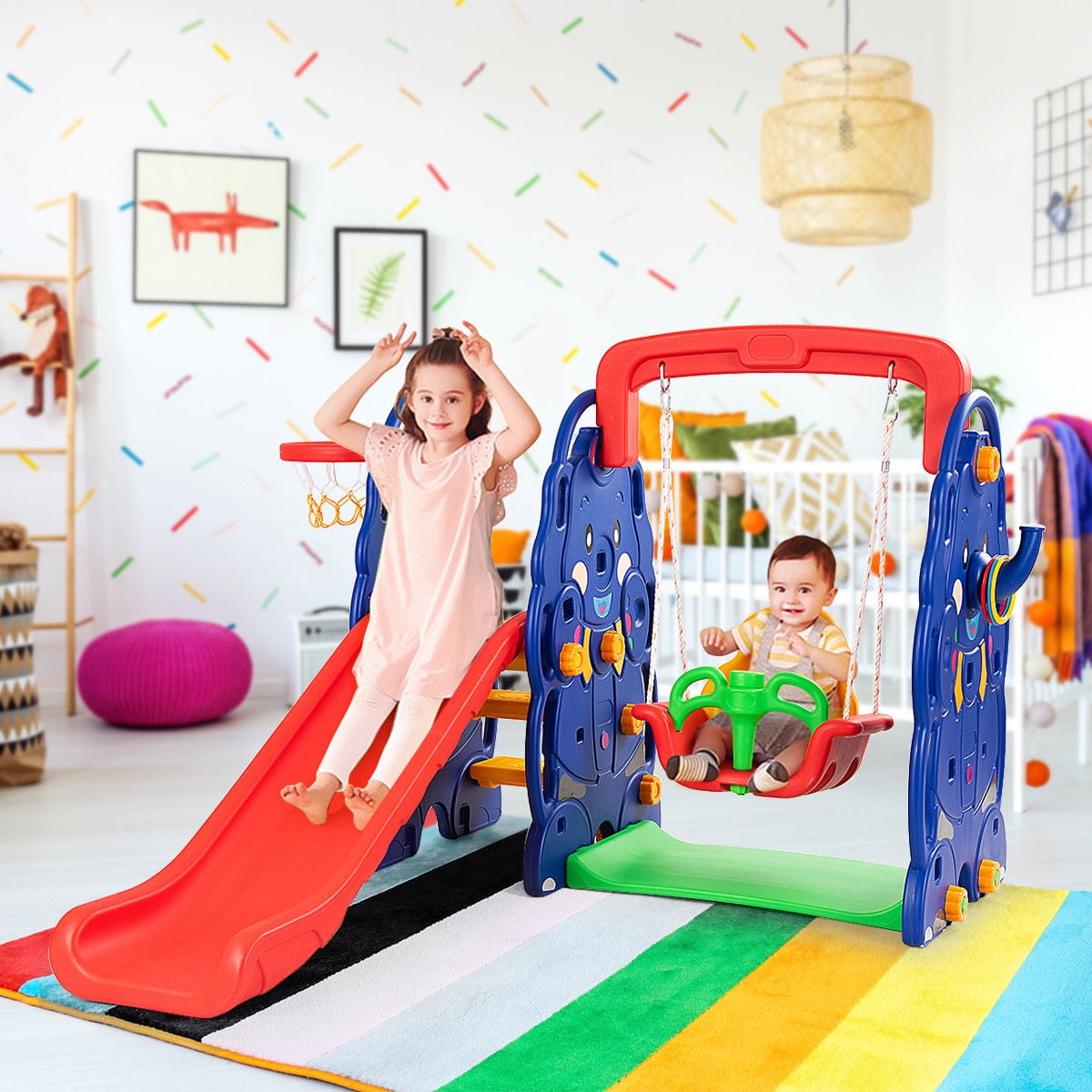 Costway 3 in 1 Junior Children Climber Slide Swing Seat Basketball Hoop Playset Backyard