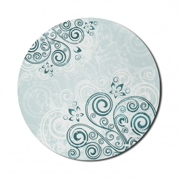 Floral Mouse Pad for Computers, Vintage Inspired Swirled Lines Leaves Petals Shabby Classic Image Print, Round Non-Slip Thick Rubber Modern Mousepad, 8" Round, Baby Blue Jade Green, by Ambesonne