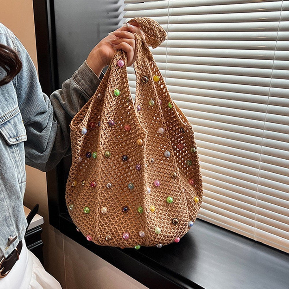 Jiibva Crochet Beach Bags Woven Travel Tote Boho Shoulder Bag Hollow Knitting Handbag Mesh Shoulder Bag Women Knitted Handbags for Holiday, Daily Work