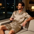 thumbnail image 5 of Resicozy Mens Pajamas Set Silk Satin Sleepwear Short Sleeve Button Pjs Set 2 Piece Loungewear with Pockets Khaki 2XL, 5 of 6