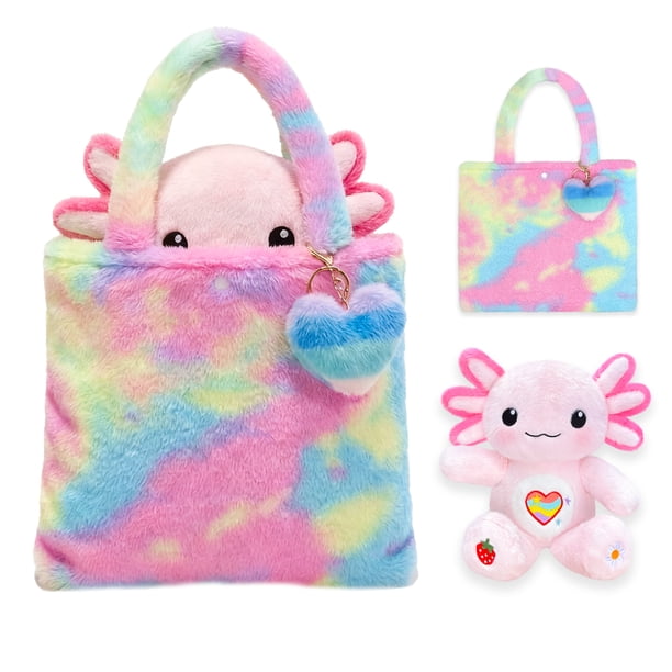 Peluche de Ajolote 13 in con Bolsa de Peluche 13.2 x 11.4 in y Llavero Corazón, Set de Regalo para Escuela, Viaje y Decoración de Habitación, Ideal para Cumpleaños y Celebraciones