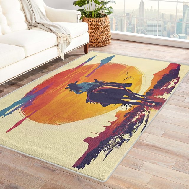Cowgirl Rugs for Bedroom - 4x6 Rug - Cowgirl Rug - Western Cowboy Area Rug - Horse Riding Sunset Rugs - Girls Wild West Carpet