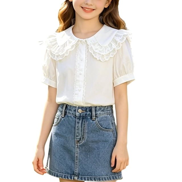 Odeerbi Camisa de Vestido de Algodón de Las Niñas Flor Bordado de Manga Corta Uniforme de La Escuela Con Bolsillo