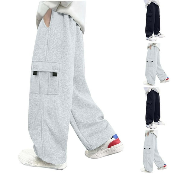 WRKEKC Boys Cargo Pants Baggy Wide Leg Flared with Pockets Elastic Waist Soft Stretchy Pants for Boys 4-13 Years Fall Winter Casual Wear